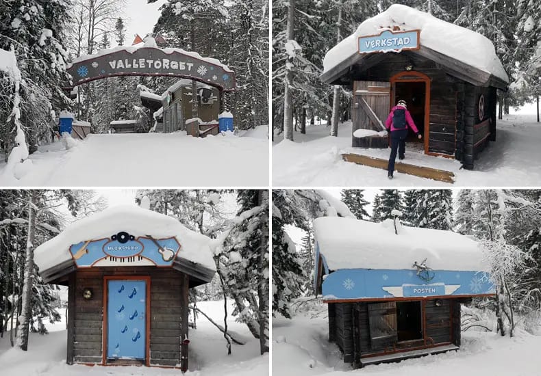 In het avonturenbos Valletorget in skigebied Lindvallen staan allemaal leuke huisjes waar, als ze geopend zijn, van alles voor kinderen te zien is. © Nico van Dijk / Skigebiedengids.nl